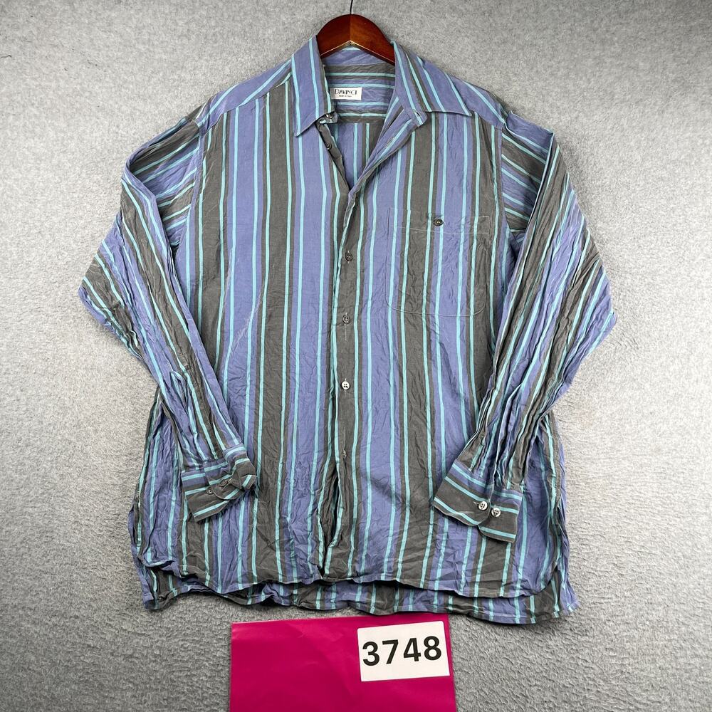 Davinci Blue Striped Shirt Casual Button Up Long Sleeve Large Made In Italy